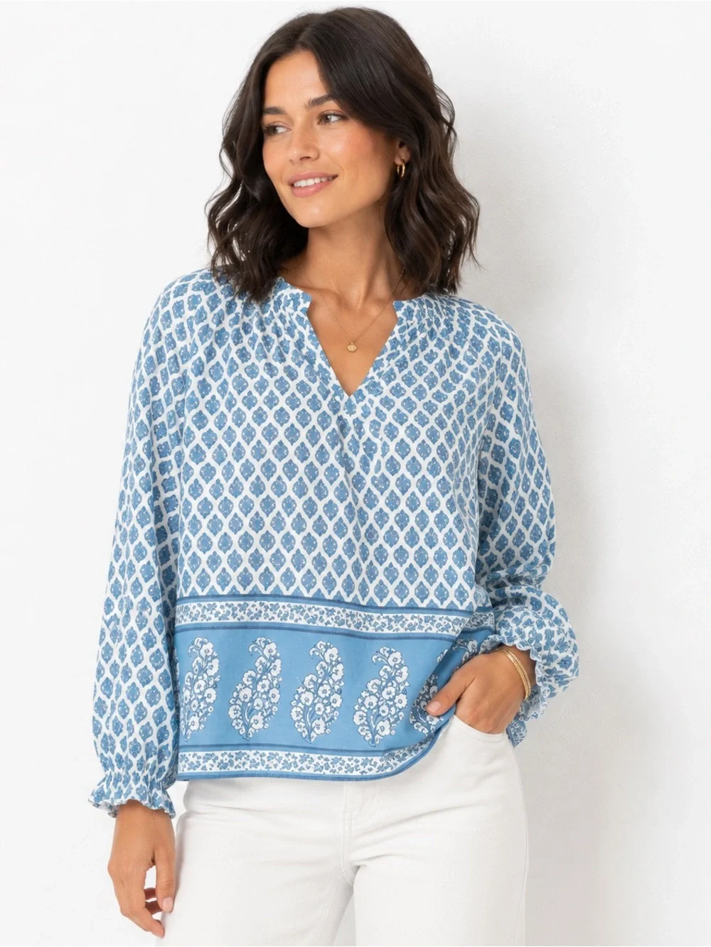 J.Crew Blue Floral Block Print Peasant Blouse Size Large 100% Cotton Boho Top